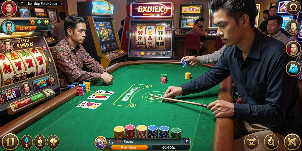 Screenshot menunjukkan gulungan slot dengan tema petualangan.